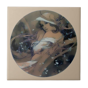 Woman Art Nouveau Mucha Winter Ceramic Tile