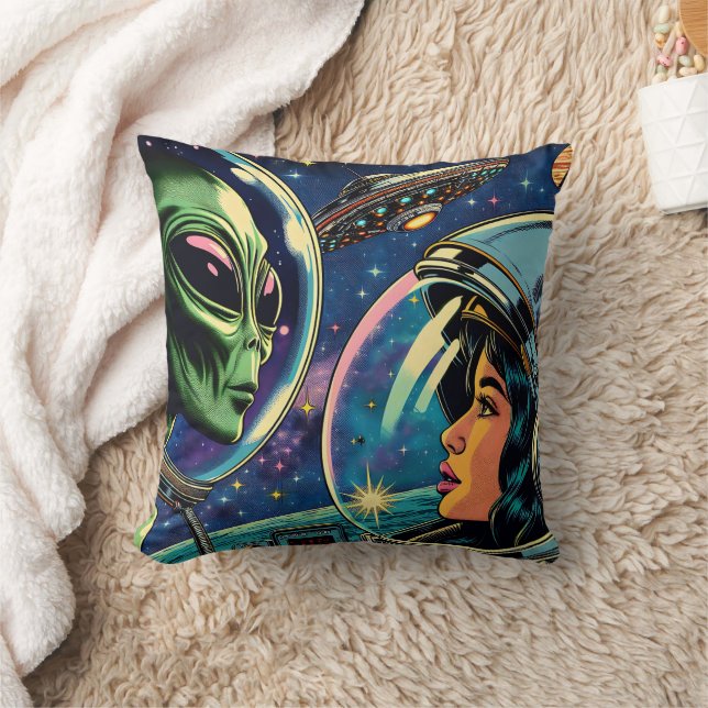 Woman Astronaut Meets Extraterrestrial Alien Cushion (Blanket)