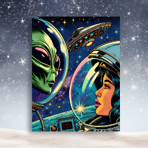 Woman Astronaut Meets Extraterrestrial Alien Postcard