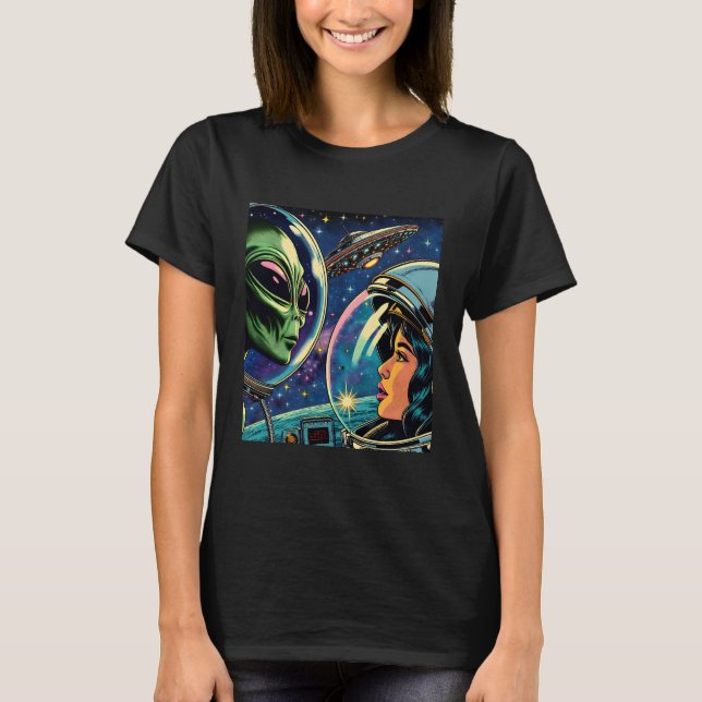 Woman Astronaut Meets Extraterrestrial Alien T-Shirt (Front)