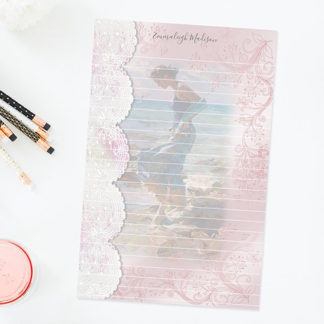 Woman at Beach Faux Lace Lined Stationery (Creator Uploaded)