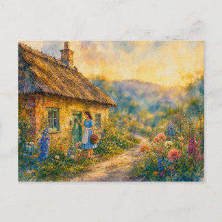 Woman at Cottage Door, Postcard