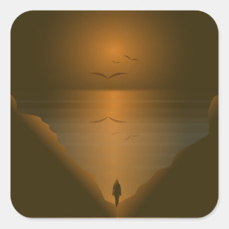 WOMAN AT SEA SUNSET SQUARE STICKER