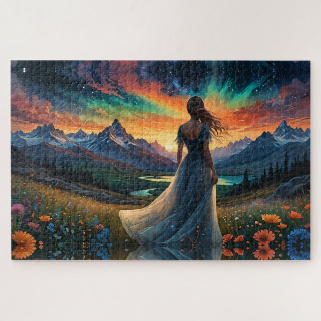 Woman at Sunrise Floral field over Mountain Lake  Jigsaw Puzzle (Horizontal)