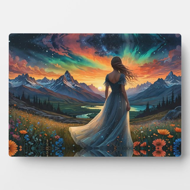 Woman at Sunrise Floral field over Mountain Lake  Plaque (Front)