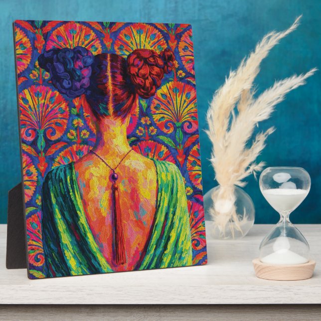 Woman Back View Colourful Buns Floral Pattern  Plaque (Side)