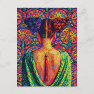 Woman Back View Colourful Buns Floral Pattern  Postcard