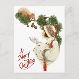 Woman Befriends Squirrel at Christmas Time Holiday Postcard