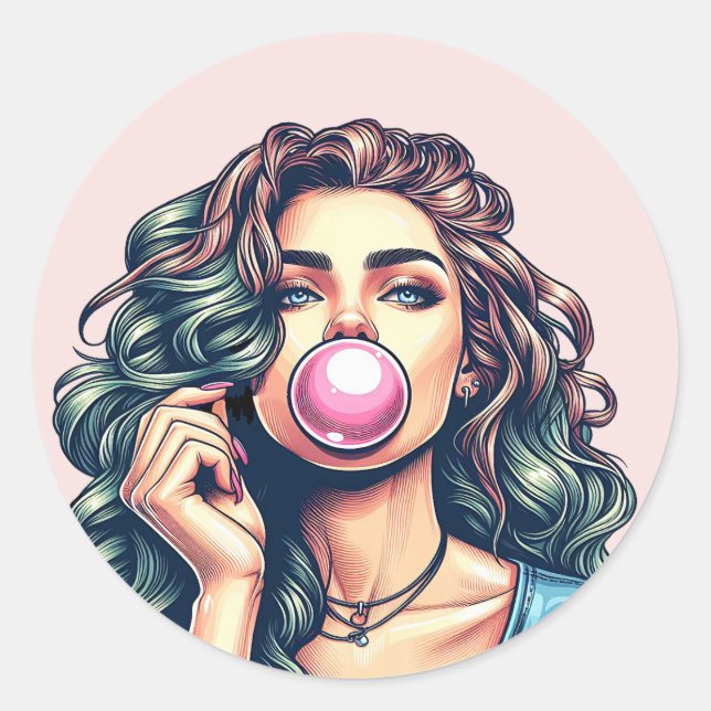 Woman Blowing Bubble gum bubble art Classic Round Sticker (Front)