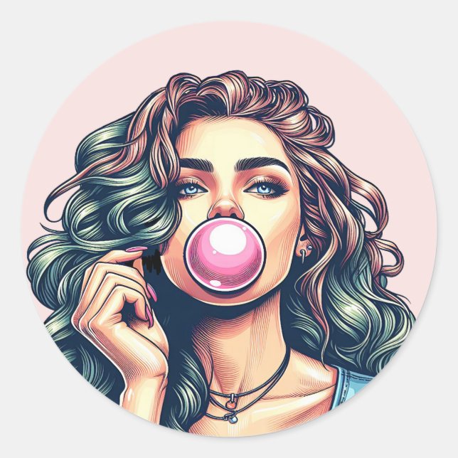 Woman Blowing Bubble gum bubble art Classic Round Sticker (Front)