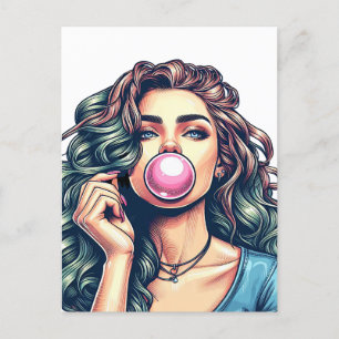 Woman Blowing Bubble gum bubble art Postcard