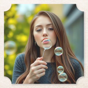 Woman Blowing Bubbles Ticket Coaster
