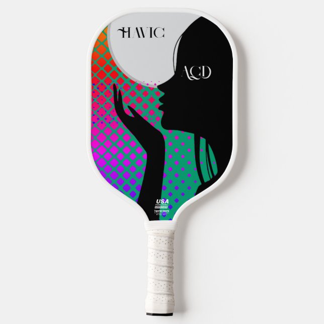 WOMAN blowing kiss HAVIC ACD Pickleball Paddle (Back)