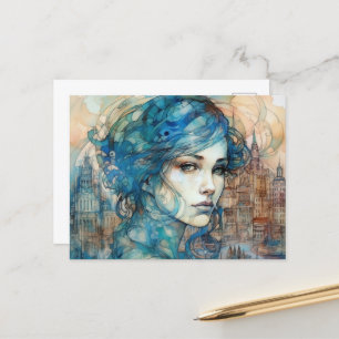 Woman Blue Hair City Background Postcard