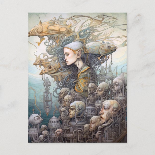 Woman & Building With Heads Surreal Art Postcard (Front)