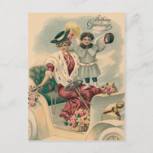 Woman Car Cherub Angel Roses Postcard