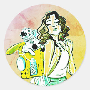 Woman, Cat, Animal Classic Round Sticker