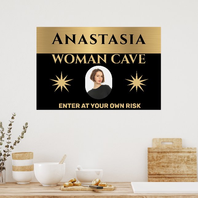 Woman Cave Gold Black Warning Personalise  Poster (Kitchen)