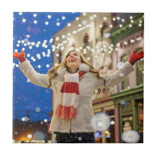 Woman Celebrates Christmas With Arms in the Air Ceramic Tile