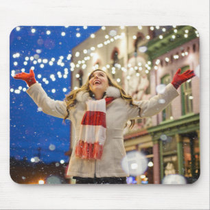 Woman Celebrates Christmas With Arms in the Air Mouse Pad
