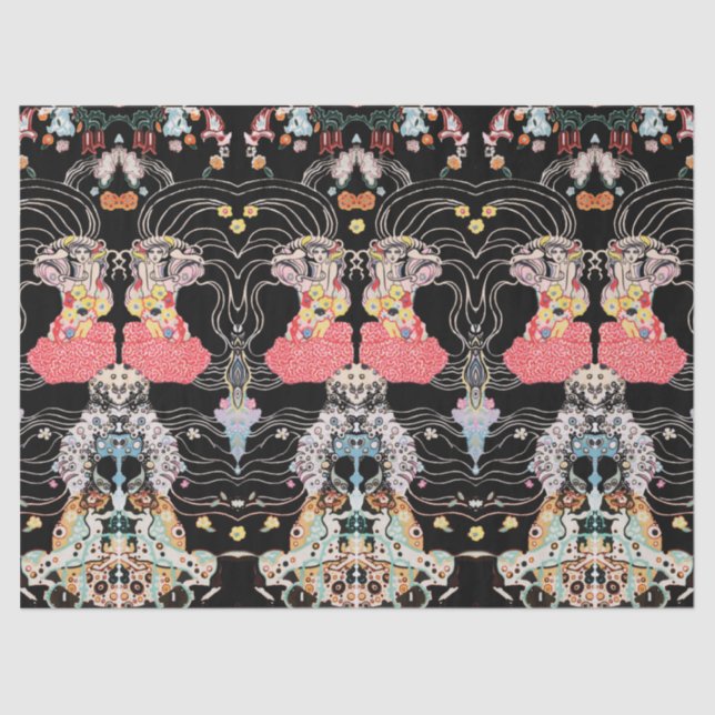 WOMAN,CENTAUR FLORAL Red Black White Klimt Pattern Tissue Paper (Front)