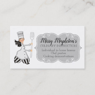 Woman chef black hair fork catering business card