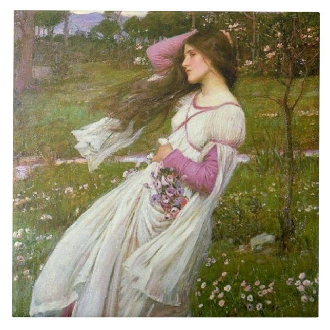 Woman Collecting Flowers in the Wind Ceramic Tile (Front)
