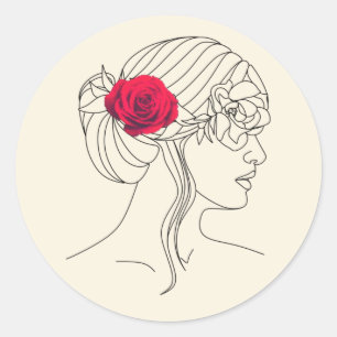 Woman Continuous Line with Red Rose On Hair  Classic Round Sticker