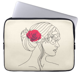 Woman Continuous Line with Red Rose On Hair Laptop Sleeve