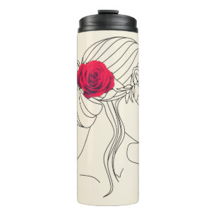 Woman Continuous Line with Red Rose On Hair  Thermal Tumbler