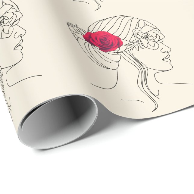 Woman Continuous Line with Red Rose On Hair  Wrapping Paper (Roll Corner)