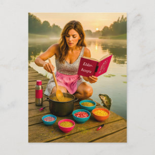 Woman Cooking Glitter Bait for frish on the Dock Holiday Postcard