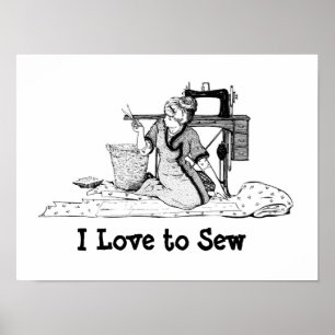 Woman cutting Fabric - I Love to Sew poster