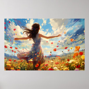 Woman Dancing Joyfully In A Field Of Wildflowers Poster