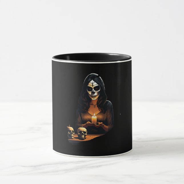 Woman decorated with skull masks Halloween Mug (Center)