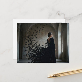 Woman dissolving into birds postcard