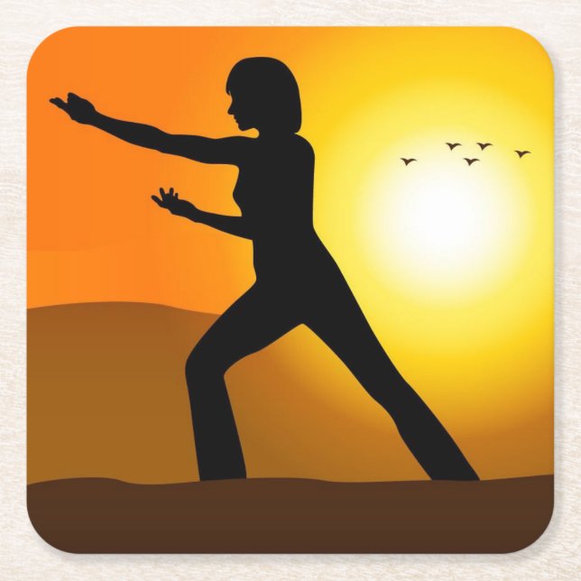 Woman Doing Tai Chi Silhouette Square Paper Coaster (Front)