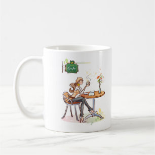 Woman Drinking Coffee at a Cute Cafe Mug