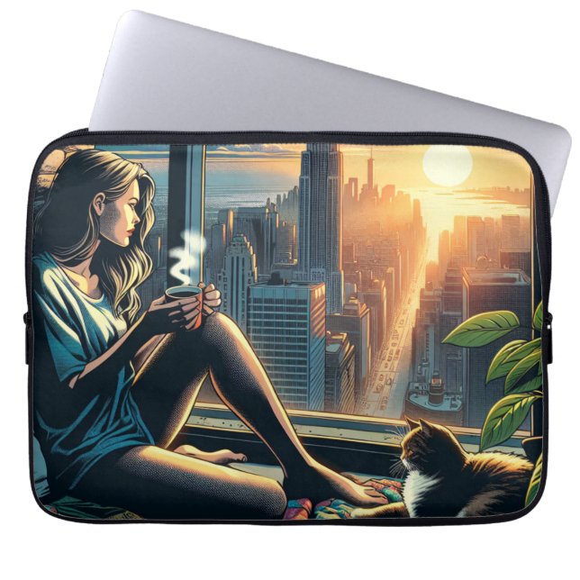 Woman Drinking Coffee at Sunrise in the City Laptop Sleeve (Front)