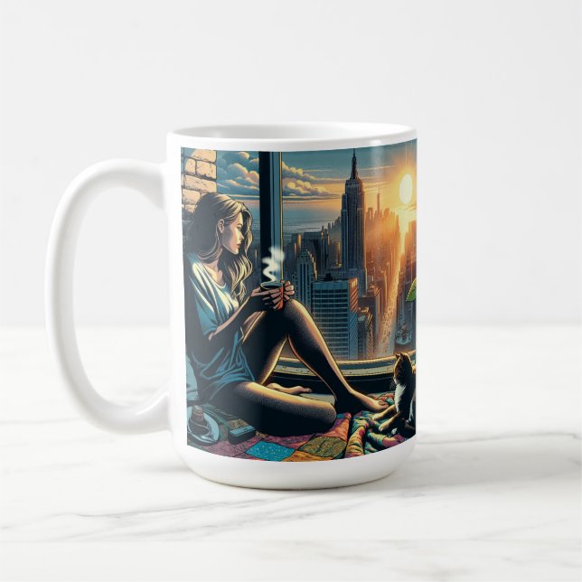 Woman Drinking Coffee at Sunrise in the City Mug (Left)