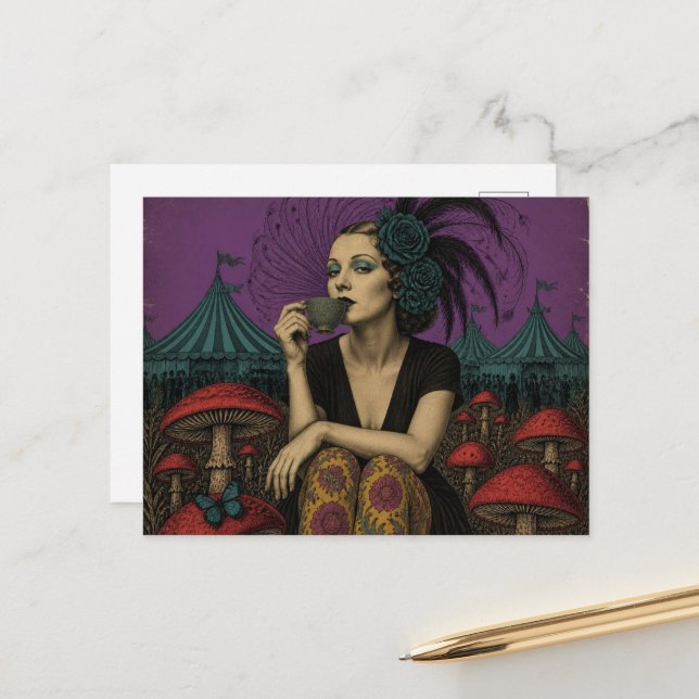 Woman Drinks Tea at the Circus Postcard (Front/Back In Situ)