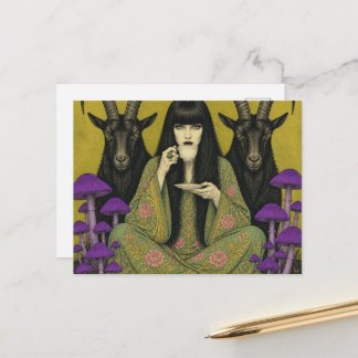 Woman Drinks Tea With Two Black Goats Postcard