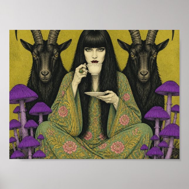 Woman Drinks Tea With Two Black Goats Poster (Front)