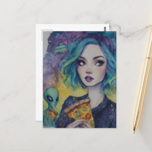 Woman Eating Pizza With An Alien Postcard
