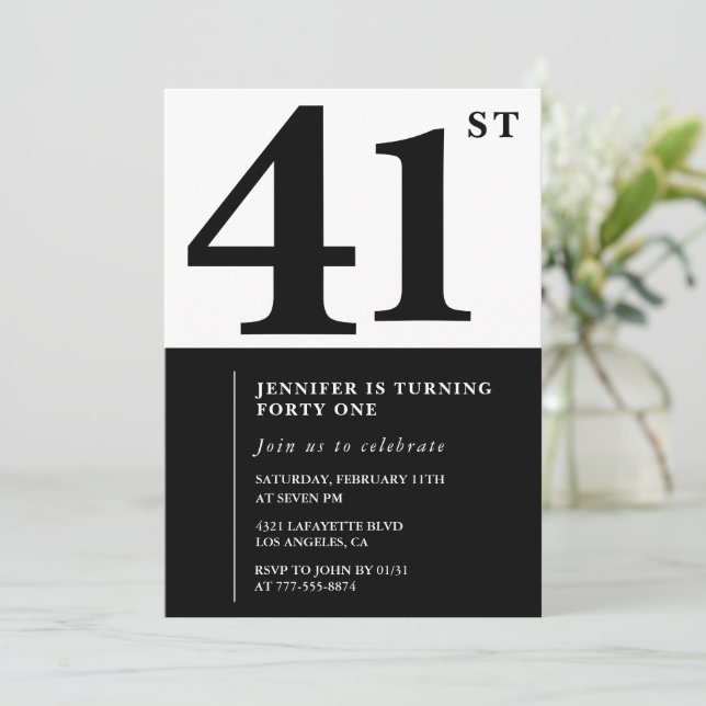 Woman Elegant 41st birthday invitation Black  (Standing Front)