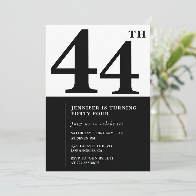 Woman Elegant 44th birthday invitation Black  (Standing Front)
