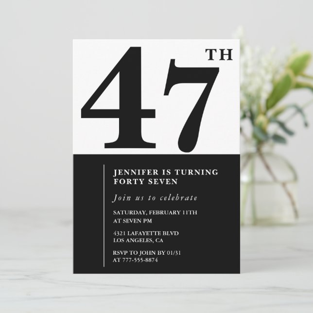 Woman Elegant 47th birthday invitation Black  (Standing Front)