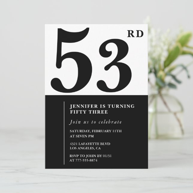Woman Elegant 53rd birthday invitation Black  (Standing Front)