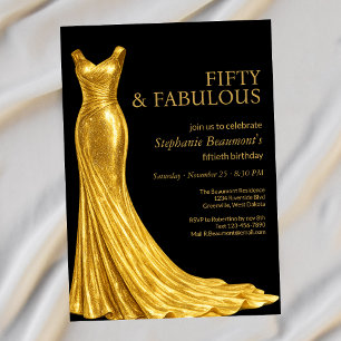 Woman Elegant Fabulous Golden Dress 50th Birthday Invitation