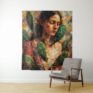 Woman Embracing Cactus Prickly Pear Symbolic Tapestry